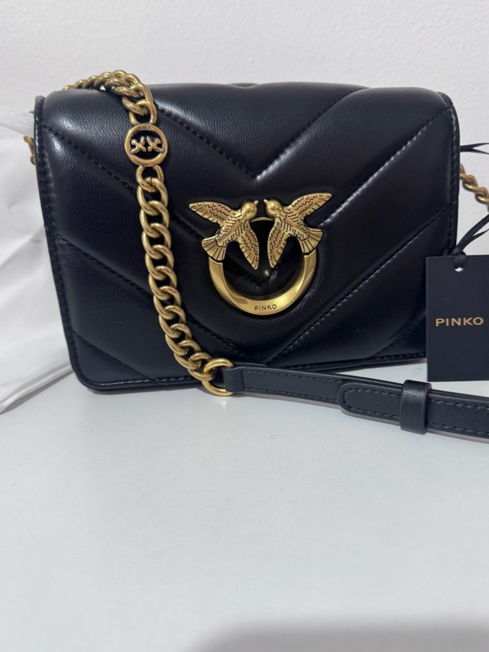 Pinko Quilted Love Mini Crossbody Bag in Black Gold Hardware Iconic style